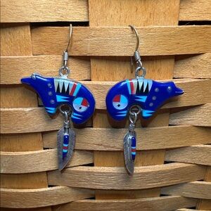 Southwest Sterling Silver Bear Earrings with Feather Accents